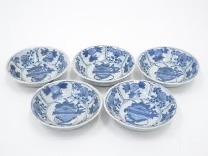 ANTIQUE JAPANESE IMARI EDO ERA /SMALL PLATE SET OF 5  / BLUE & WHITE PORCELAIN